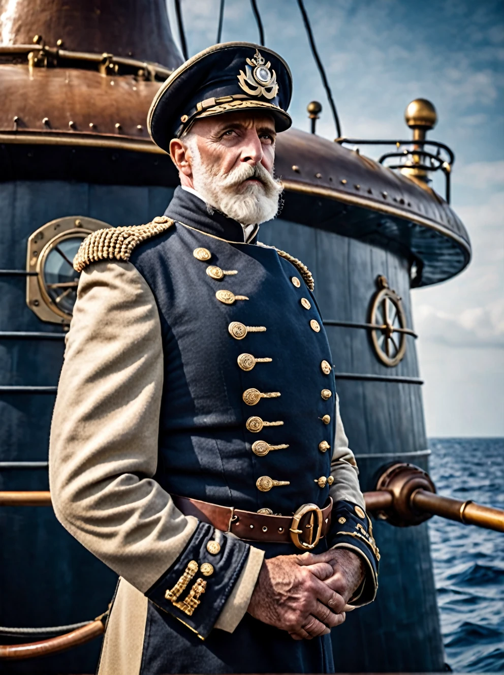 photo focus on male focus, outdoors, realistic scenery, (captain nemo:1.1),  standing on the deck of his nautilus submarine, standing, hands behind his back ,  close-up, loaded military uniform, steampunk nautilus-style. very wide shot, character photo portrait, film, professional, 4k, highly detailed