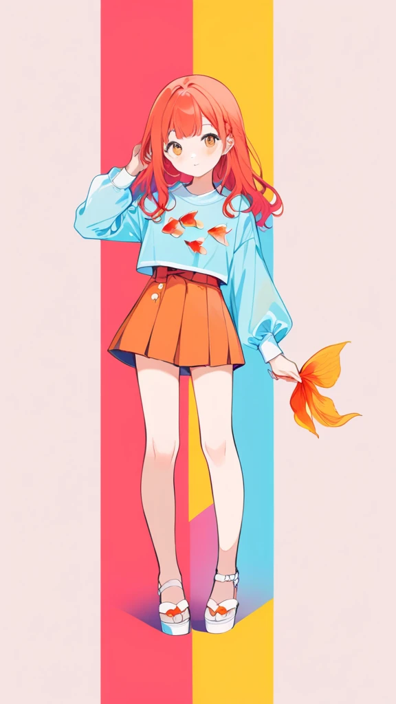 One girl, Long Hair, pastel colour, Portraiture, Medium chest, Line art, Simple Background, (watercolor:0.5)、Red fluttering clothes,Japanese clothing、Translucent red fabric、Good style、Shine of the Heart、White and red motif, Bright redhead、cute,Fantasy, Detailed Images、A young girl with a goldfish motif、Cool composition、Pop Art、cute、Cool