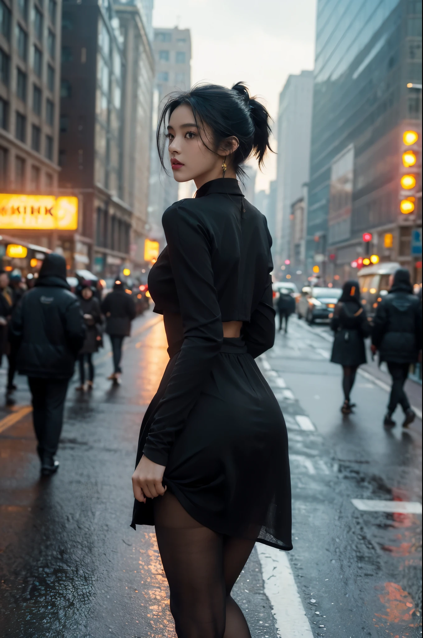(((best quality))),(((ultra detailed))),(((masterpiece))),illustration,1girl,slim,vibrant cotton dress,short ponytail,pantyhose,standing, bustling city streets, honking cars,surrounded by crowded crowds, colorful advertisements,enjoying sights and sounds,(dark black skin:1.5),(day scene:1.3),upper body,from front, back,towering ,,sunshine