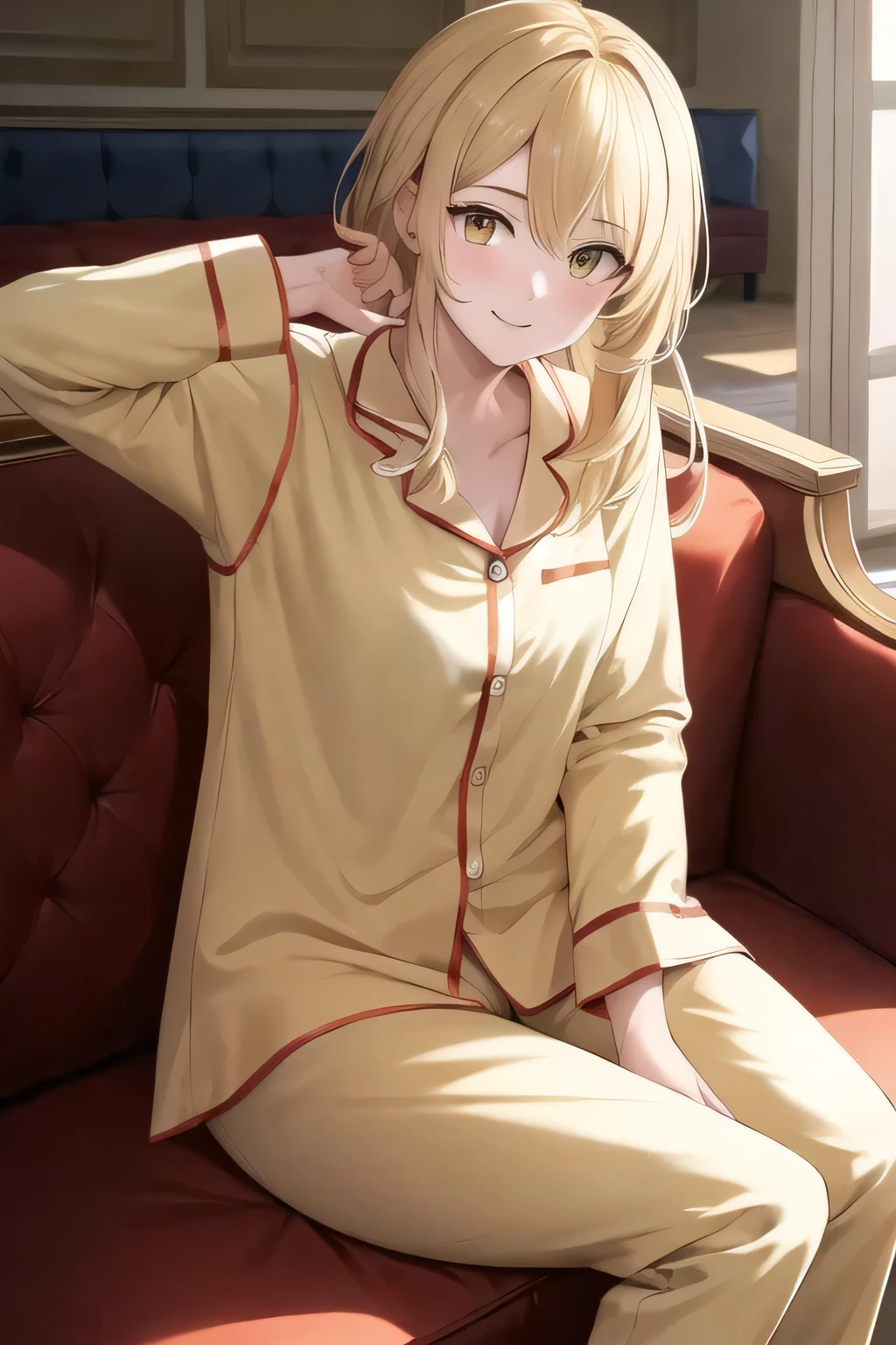 masterpiece, Highest quality, High resolution, Aema, Long Hair, Blonde, Yellow Eyes, A gentle smile、pajamas, Shorts、Thighs、living room, Sitting, sofa