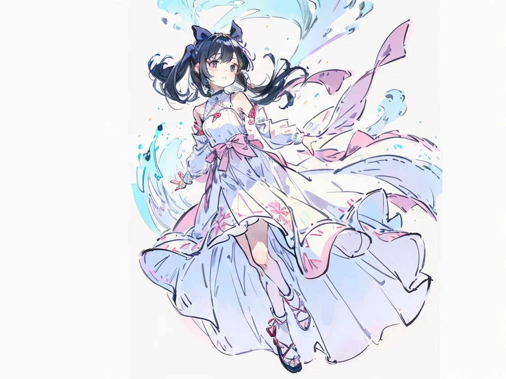 arafed image of a girl in a dress with a bow and a dress, fullbody, white background, loli in dress, !!full body portrait!!, high detailed official artwork, nico wearing a white dress, pixiv 3dcg, pixiv contest winner, pixiv style,