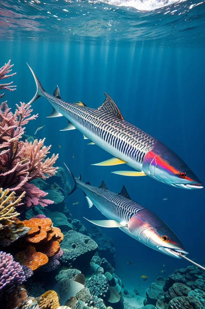 Sword fish swims next to the yacht, shimmering with all the colors of the rainbow.
