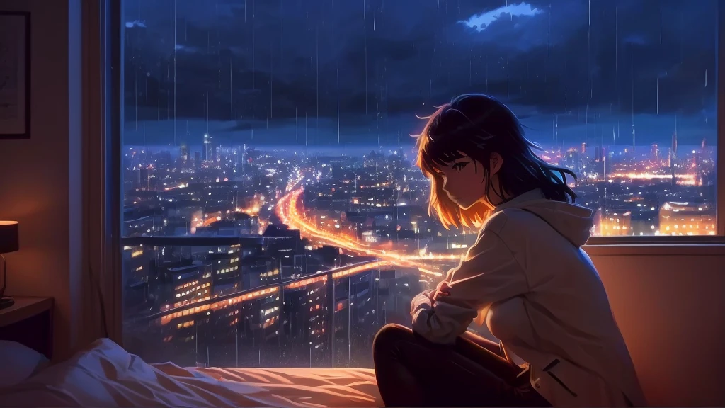 Woman sitting on bed looking out the window at the city, Makoto Shinkai Cyril Rolland, Anime Atmosphere, Rainy night, Landscapes by Ilya Kuvshinov, Beautiful anime scene, Rain falls late at night, Alena Aenami, Aesthetics of Rain, Atmospheric anime, Artistic. Alena Aenami, inspired Alena Aenami, style of Alena Aenami