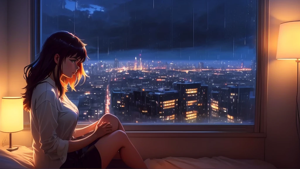 Woman sitting on bed looking out the window at the city, Makoto Shinkai Cyril Rolland, Anime Atmosphere, Rainy night, Landscapes by Ilya Kuvshinov, Beautiful anime scene, Rain falls late at night, Alena Aenami, Aesthetics of Rain, Atmospheric anime, Artistic. Alena Aenami, inspired Alena Aenami, style of Alena Aenami