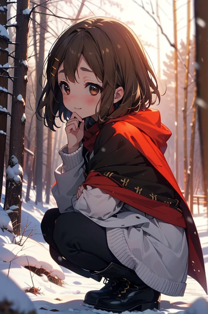 yuihirasawa, Yui Hirasawa, short hair, Brown Hair, hair ornaments, (Brown eyes:1.5), Hair Clip、smile,smile,blush,White Breath,
Open your mouth,snow,Ground bonfire,, Outdoor, boots, snowing, From the side, wood, suitcase, Cape, Blurred, , forest, White handbag, nature,  Squat, Mouth closed, Cape, winter, Written boundary depth, Black shoes, red Cape break looking at viewer, Upper Body, whole body, break Outdoor, forest, nature, break (masterpiece:1.2), Highest quality, High resolution, unity 8k wallpaper, (shape:0.8), (Beautiful and beautiful eyes:1.6), Highly detailed face, Perfect lighting, Extremely detailed CG, (Perfect hands, Perfect Anatomy),