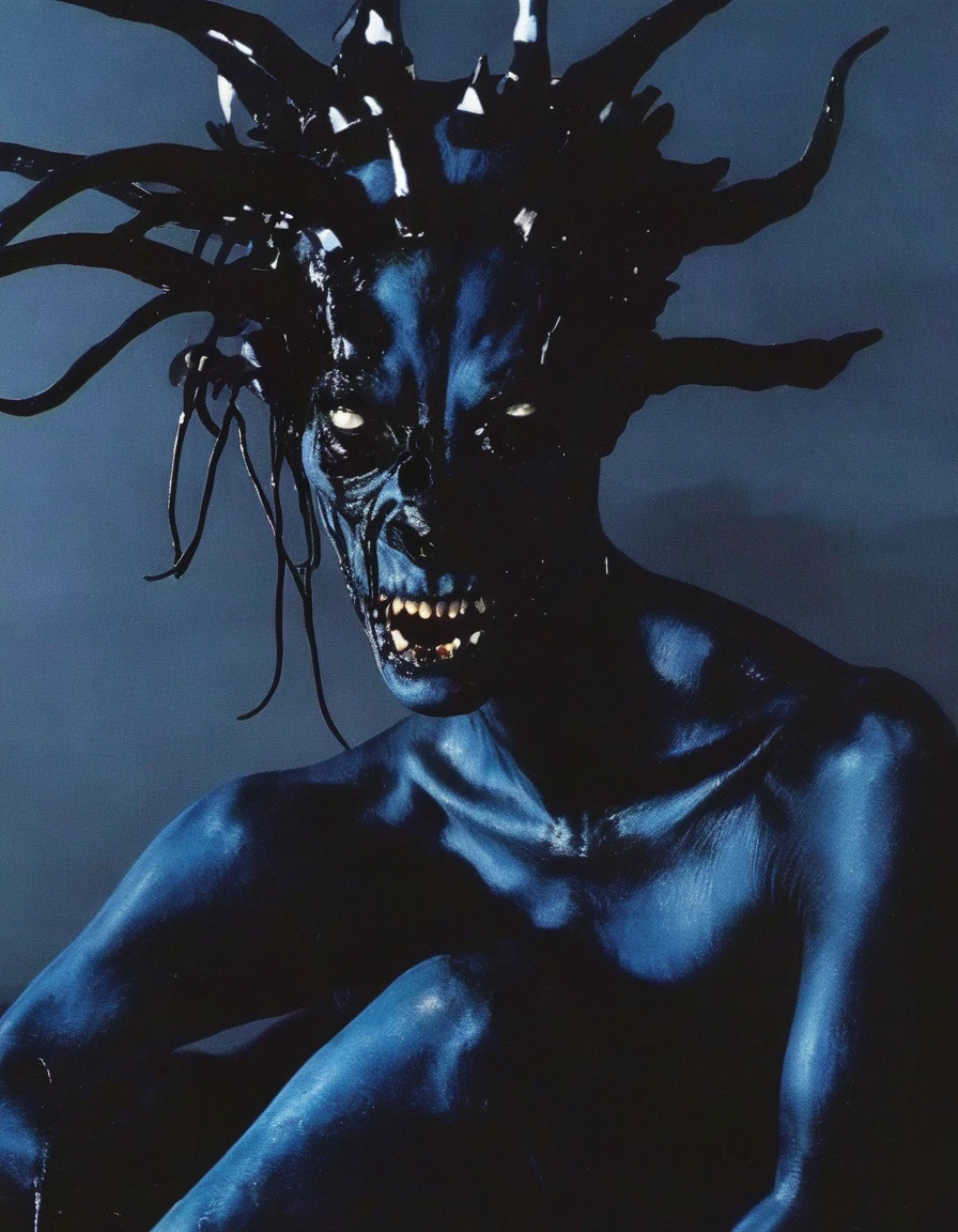 VHS fashion shoot of beautiful female horror monster, blue dark background