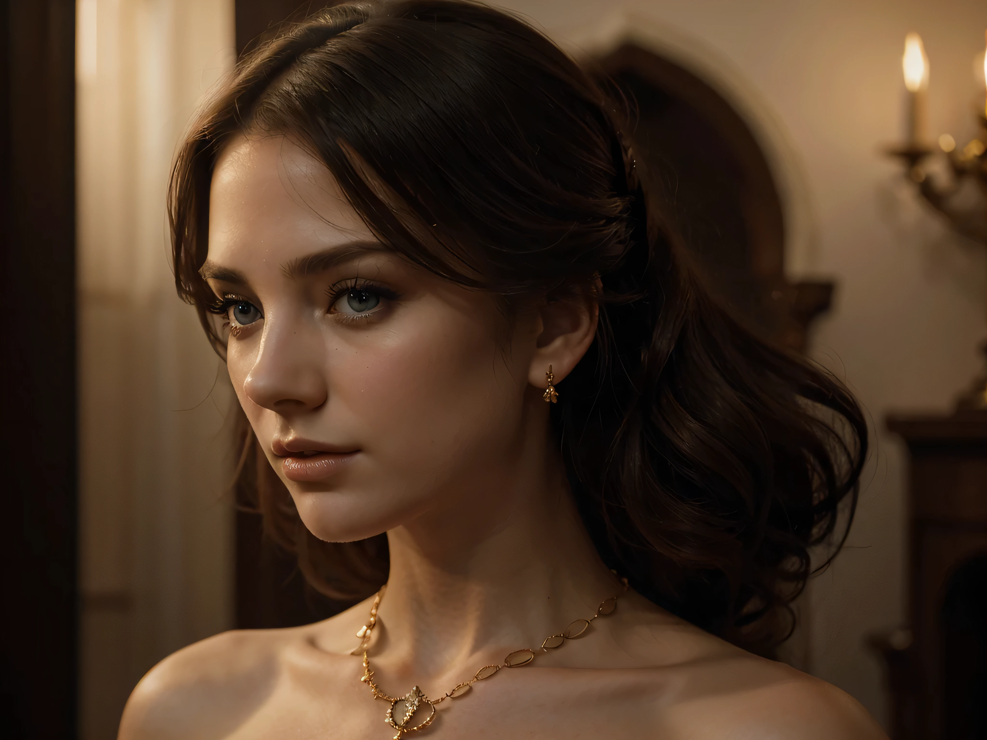 A chiaroscuro portrait of a woman, beautiful detailed eyes, beautiful detailed lips, extremely detailed eyes and face, long eyelashes, porcelain skin, elegant hairstyle, intricate jewelry, dramatic lighting, Renaissance style, dramatic shadows, warm golden tones, dramatic chiaroscuro lighting, ultra-detailed, 8k, photorealistic, masterpiece, cinematic, dramatic atmosphere, elegant and regal