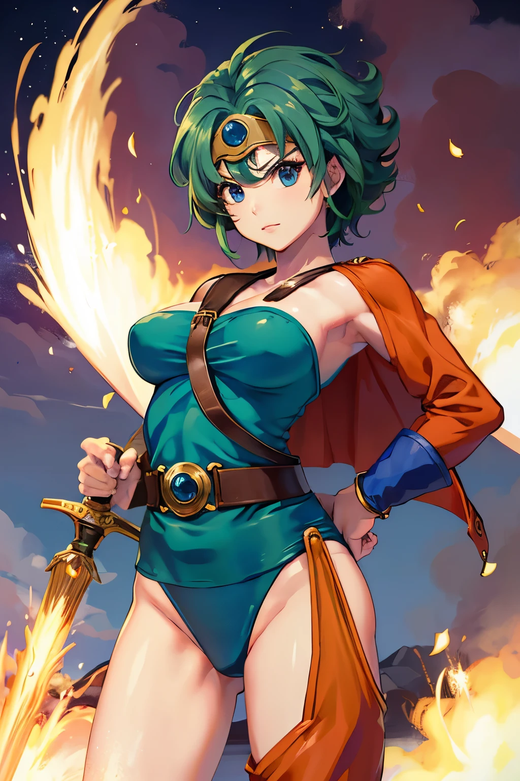 (((SFW、sound、Highest quality、first-class、masterpiece、Normal body、8K、Detailed face、Ultra-precision、Normal hand、Normal finger、5Finger、Highest)))、beautiful girl、Green Hair、Yamato Nadeshiko、Small breasts、Shortcuts、Blue leotard、Shoulder Off、Black paleo skirt、Red cloak、Circlet、Bastard Sword、sword of the sky、DRAGON QUEST、Female Hero