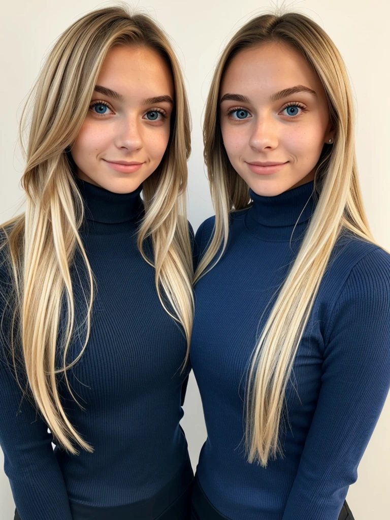 2 gorgeous female friends both wearing tight tibbed turtlenecks, both females look completely different to each other, blonde