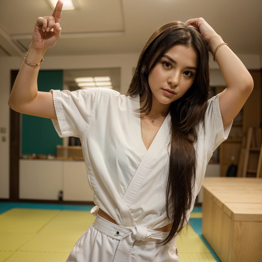 1girl in, 30 years old, Square face, Long hair, Looking at viewer, jewelry, Reality, Sexy, karate uniform, karate dojo , free pose