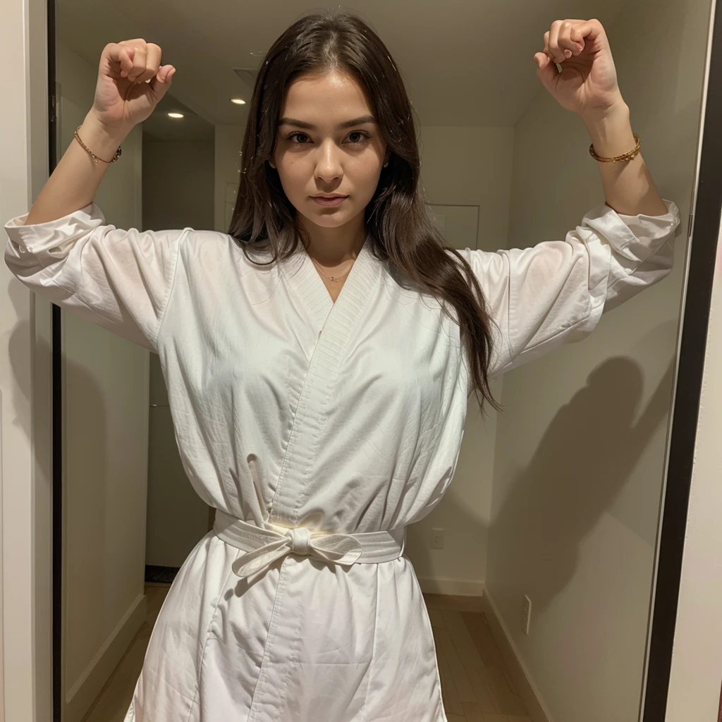 1girl in, 30 years old, Square face, Long hair, Looking at viewer, jewelry, Reality, Sexy, karate uniform, karate dojo , free pose