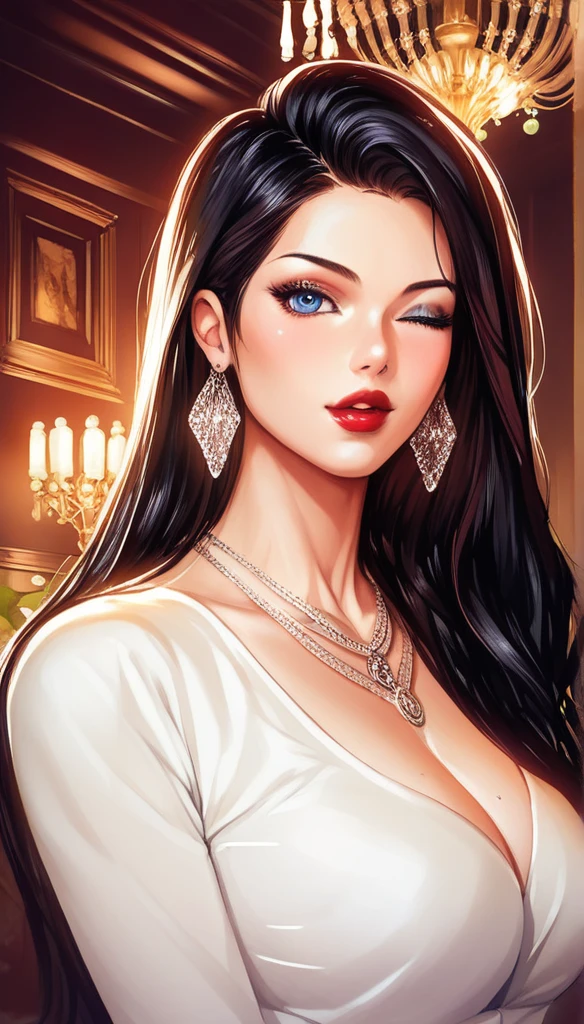 Hot sexy beautiful women , detailed lips , detailed blue eyes, big traditional chandelier earrings , alluring face, chandelier necklace , detailed red lipstick ,black hair, eyelash,eye shadow, foundation, blinking on eye
