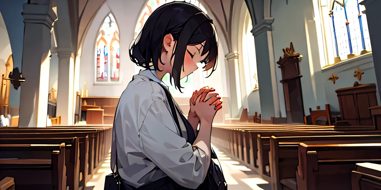 (masterpiece, best quality), adult woman, church, praying, solo focus, casual modern clothes