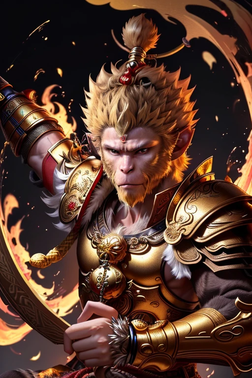 Sun wukong, wukong, normal hands, bright and brave eyes of fire and gold, masterpiece, best detail, sun wukong, golden hair, wear golden circlet, wear traditional garb armor,(abstract ink splash:1.2),
