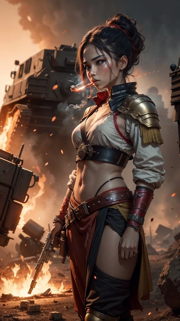 A female warrior smoking in middle of the war, war scene, fire everywhere, dead bodies spread everywhere, smoke bombs, red sky, background dark red, shinning and glowing effects, very extreme detailed, cover every detail part, 24K UHD graphics