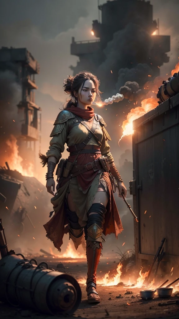 A female warrior smoking in middle of the war, war scene, fire everywhere, dead bodies spread everywhere, smoke bombs, red sky, background dark red, shinning and glowing effects, very extreme detailed, cover every detail part, 24K UHD graphics