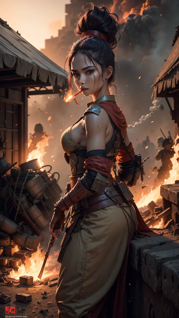 A female warrior smoking in middle of the war, war scene, fire everywhere, dead bodies spread everywhere, smoke bombs, red sky, background dark red, shinning and glowing effects, very extreme detailed, cover every detail part, 24K UHD graphics