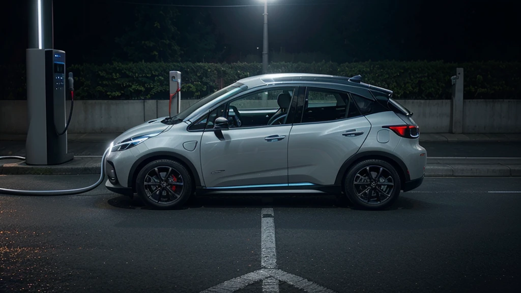 Electric car charging at a station, close-up of electric motor with highlighted components, animation of magnetic field interacting with the motor
