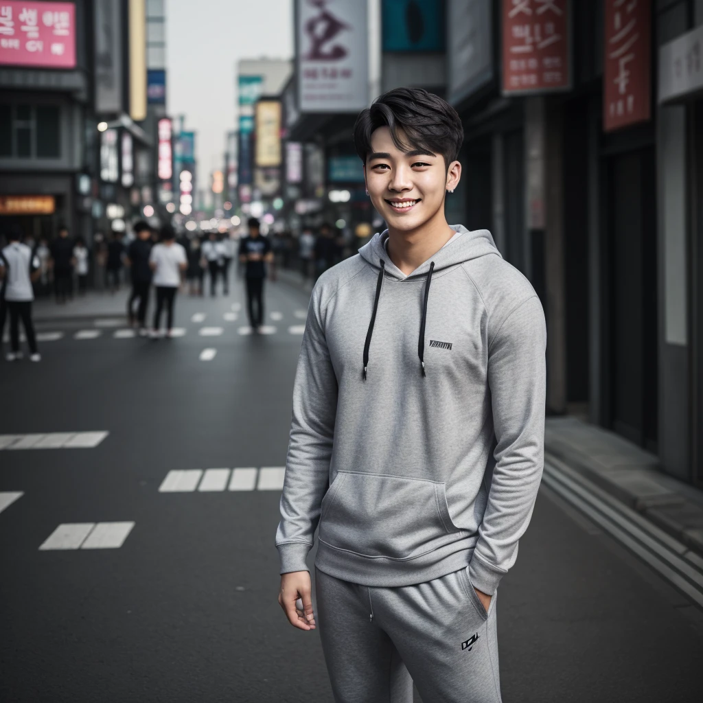 ((hyperdetail)), ((hyperrealistic)), ((hyperrealism)), Professional, Angle camera shooting from below, realistic, High level of detail, Full body photo of 25 years old Korean male, alone, just 1 man, face like Jungkook BTS, nice hair like Jungkook BTS hair, nice eyes, wearing plain hoodie, wearing sneakers, wearing joggers, full body, fit body almost 75 kg bodyweight weight and 185 cm body height, fit body like gym trainer, not thin and not fat, standing at street center of Seoul, photogenic pose, smile pose, (random standing pose: 1.3) ,Natural light, (Attractive young man:1.3), (seductive:1.1), (blush:1.1), night bacgkround at street near seoul district , E-world Seoul,  night, night atmosphere, ((cool pose)), ((gentleman pose)), ((ISO 400)), ((50mm lens)), ((wide shot)),