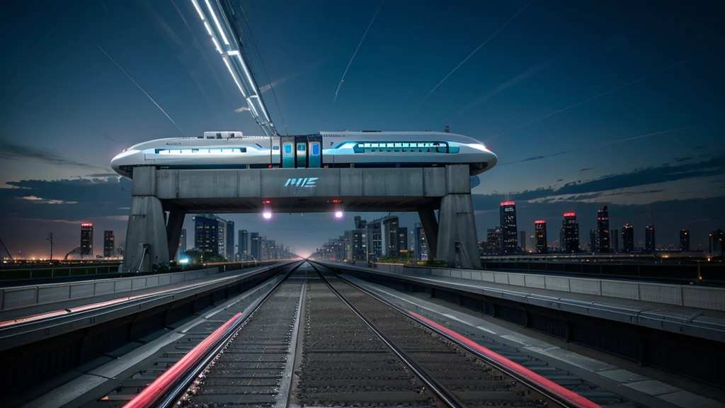 Maglev train levitating above a track with glowing magnetic field lines, futuristic cityscape in the background