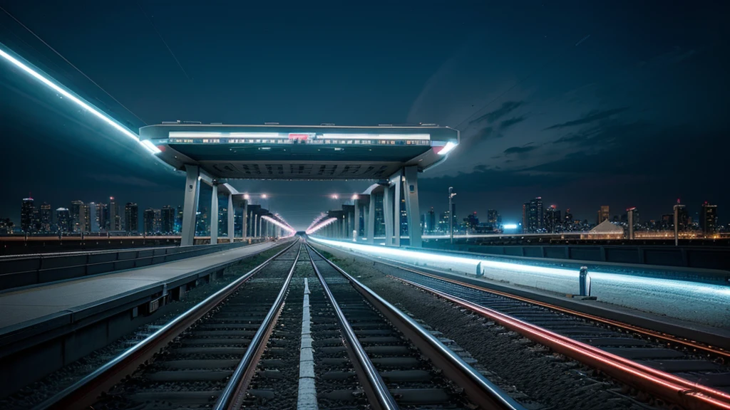 Maglev train levitating above a track with glowing magnetic field lines, futuristic cityscape in the background