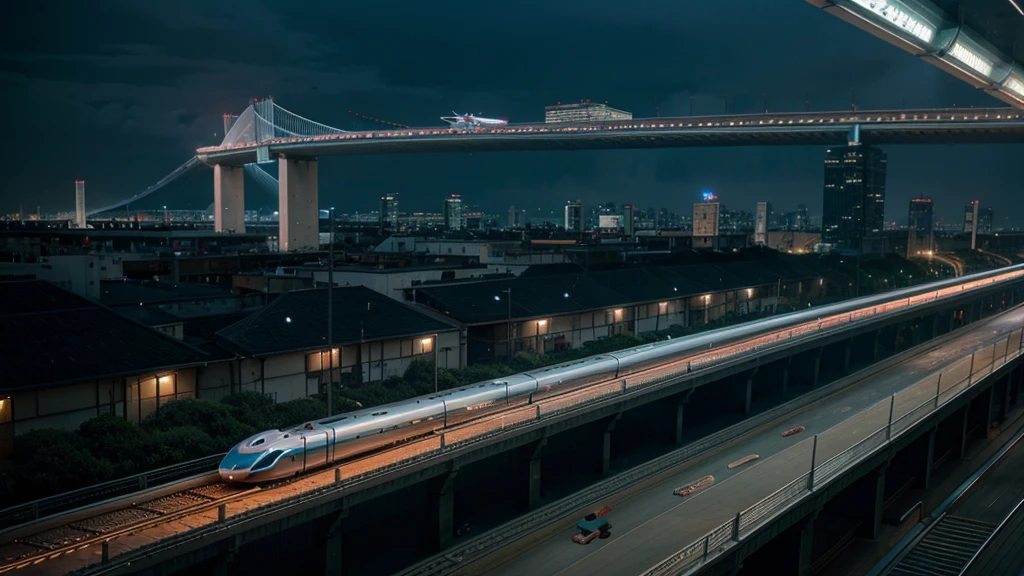 Maglev train levitating above a track with glowing magnetic field lines, futuristic cityscape in the background