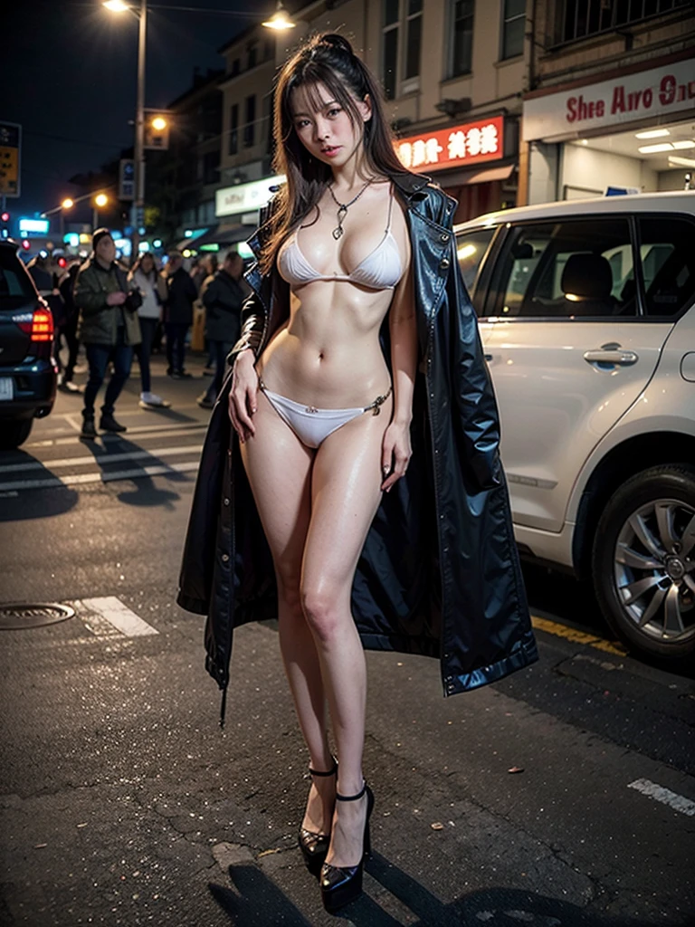 Full-body photo, The most cheap Chinese godness prostitute, streetwhore,streethooker,30 years old,A very clear face,An open sexy coat,revealing Chinese whore outfit,black sexy stockings, tatto on the face and breast, Standing by the dirty roadside,soliciting clients on a night poor and dirty street, night, eye contact, looking at client,A sexy and teasing expression, masterpiece, best quality, perfect detail, perfect face detail, perfect eye detail, perfect skin detail, have to many man, perfect lighting,Breasts larger than torso。smooth and delicate woman。Sexy hot woman,cheap and sexy prostitute。Hairpin。whores cloth。full-body shot,High heel。Cultivation clothing。exposed。 Chinese cheap and sexy costumes。vintage sexy clothing。Fengguanxiapei。neck with a slave chain。camel toe。full-body shot。