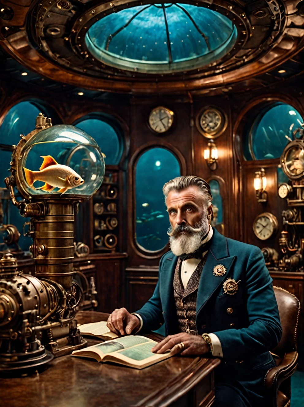 photo focus on male focus, indoors, realistic scenery, (captain nemo:1.1), retro-futuristic, looking at images of fish, book about fish, steampunk nautilus-style. very wide shot, character photo portrait, film, professional, 4k