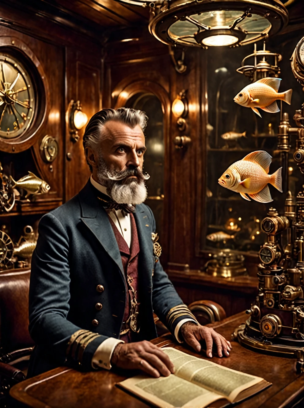 photo focus on male focus, indoors, realistic scenery, (captain nemo:1.1), retro-futuristic, looking at images of fish, book about fish, steampunk nautilus-style. very wide shot, character photo portrait, film, professional, 4k