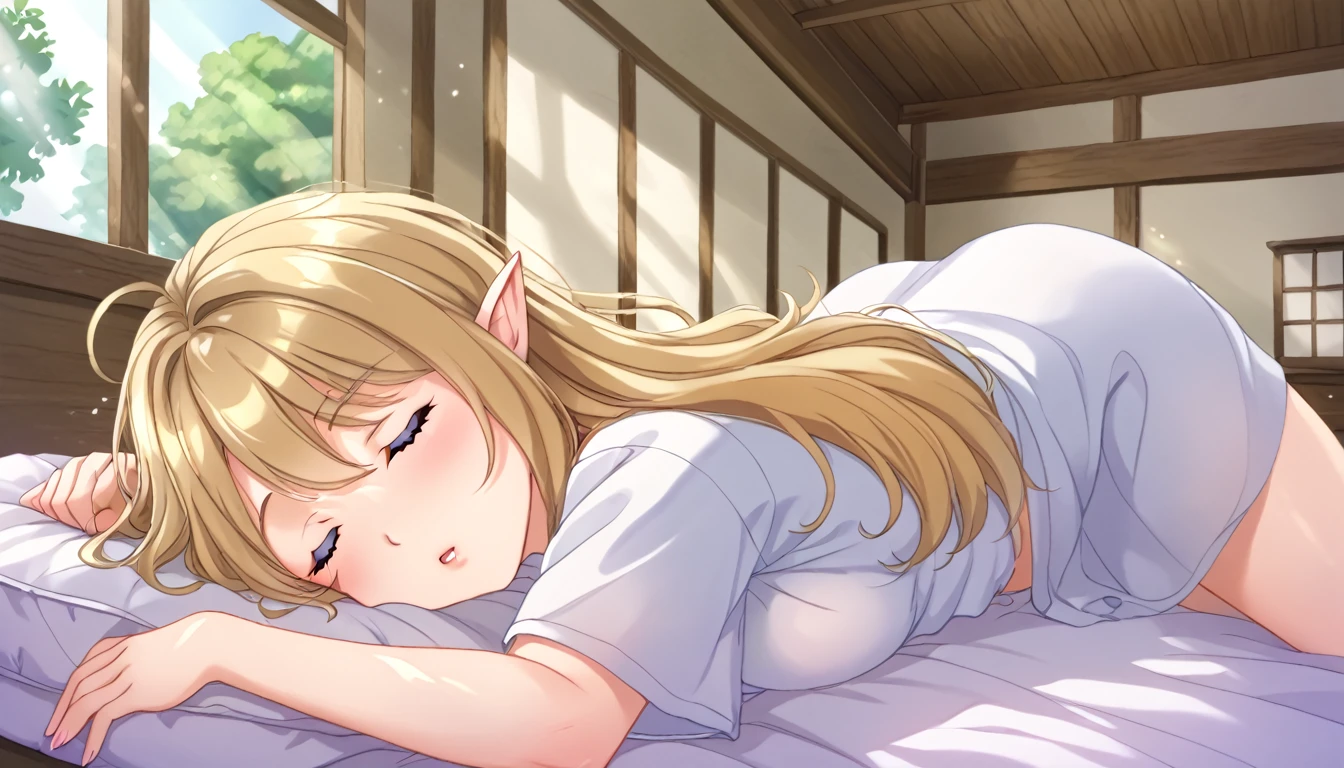 Japanese animation style、Create a digital illustration of an adult elf woman sleeping in a large bed、She is wearing a rather large shirt.、 pet Shiba Inu、The Shiba Inu needs to sleep curled up next to her.、Relaxed  expression、Long, loosely wavy blonde hair、Dappled sunlight coming through the window、The soft morning light shines in、Calm atmosphere、Detailed and clear drawing、Warm and gentle colors、Drawing from a top-down perspective

