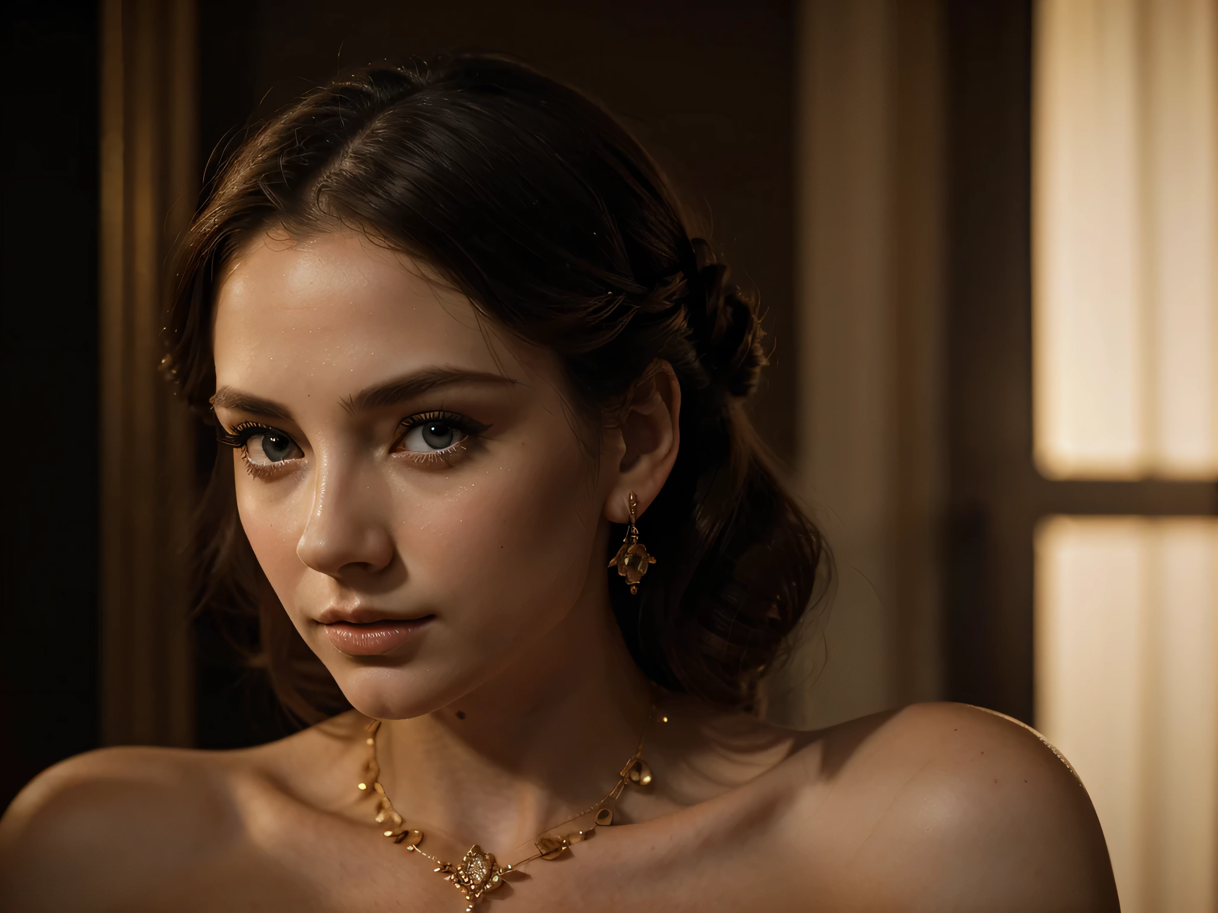 A chiaroscuro portrait of a woman, beautiful detailed eyes, beautiful detailed lips, extremely detailed eyes and face, long eyelashes, porcelain skin, elegant hairstyle, intricate jewelry, dramatic lighting, Renaissance style, dramatic shadows, warm golden tones, dramatic chiaroscuro lighting, ultra-detailed, 8k, photorealistic, masterpiece, cinematic, dramatic atmosphere, elegant and regal