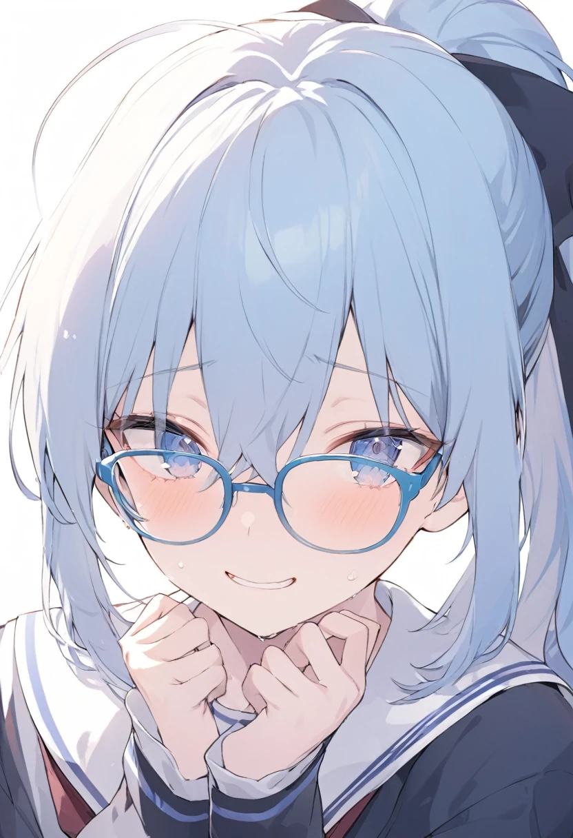 Blue Glasses Light blue hair girl ponytail Laughter Middle school students Mostly faces Face close-up Highest quality 傑作 Blue Glasses Blue Glasses 1 female