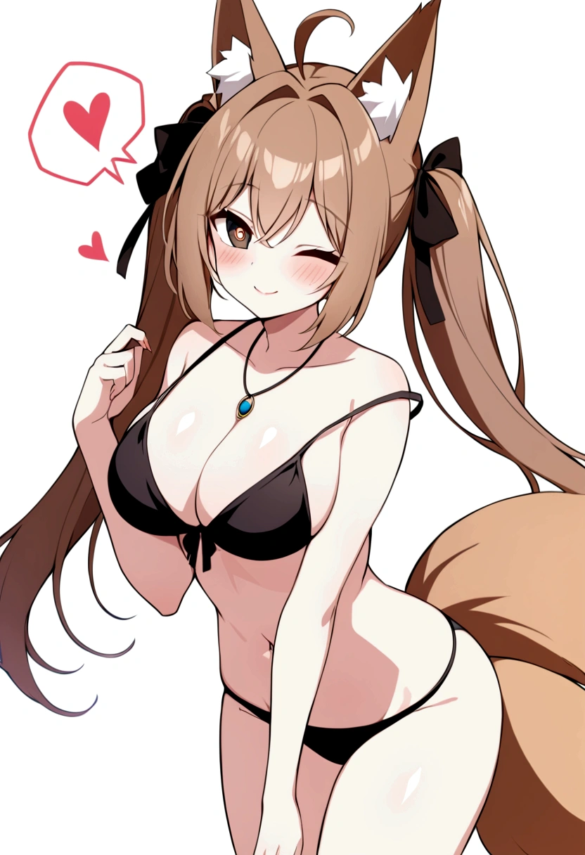 slender, mature female, tail, animal_ears, fox_tail, breasts, 1girl, brown_hair, heart, spoken_heart, fox_ears, rating:questionable, large_breasts, blush, bare_shoulders, cleavage, one_eye_closed, fox_girl, jewelry, long_hair, necklace, solo, ahoge, smile, collarbone, navel, looking_at_viewer, hair_ribbon, closed_mouth, black_bikini, animal_ear_fluff, bangs, ribbon, eyebrows_visible_through_hair, hair_between_eyes, strap_slip, hair_bow, stomach, twintails, brown_eyes, bikini, bow, thighs, pendant, ;), hair_intakes, bikini_top, string_bikini, swimsuit, off_shoulder, heart-shaped_pupils, tail_wagging