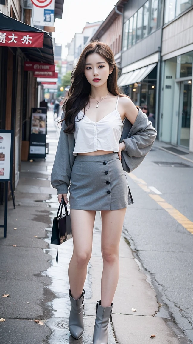 masterpiece, best quality, Photorealism, Very detailed, Finely, high resolution, 8k wallpaper, professional, Advanced Details, ((A 30-year-old girl:1.2)), Slim Japanese women,Lovely lips, Detailed clavicle, Medium chest、Perfect face, (Long hair beauty:1.5), Chestnut hair、Cute face、White cardigan、(Grey Flared Mini Skirt:1.5)、Black ankle boots、(y poses in the shopping area:1.2)、Perfect professional Potion、((Full body shot))、