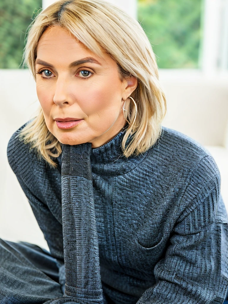 Mature blonde woman, tight ribbed turtleneck top, blacked blowjob