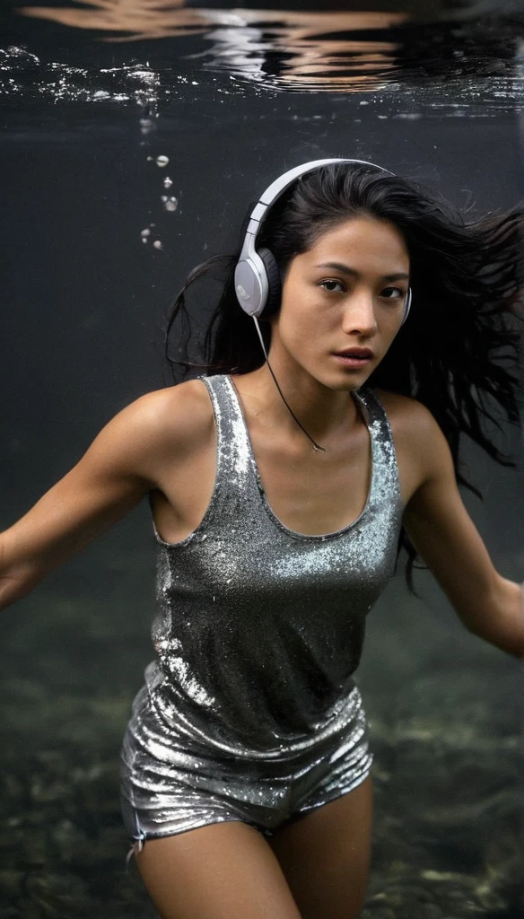 A beautiful woman with black flowing hair and a silver headphone, wearing silver glitter tank top and matching shorts, diving under pitch black water, so very dark you can only see her upper body parts, camera flash lighting, elegant pose, looking at the camera