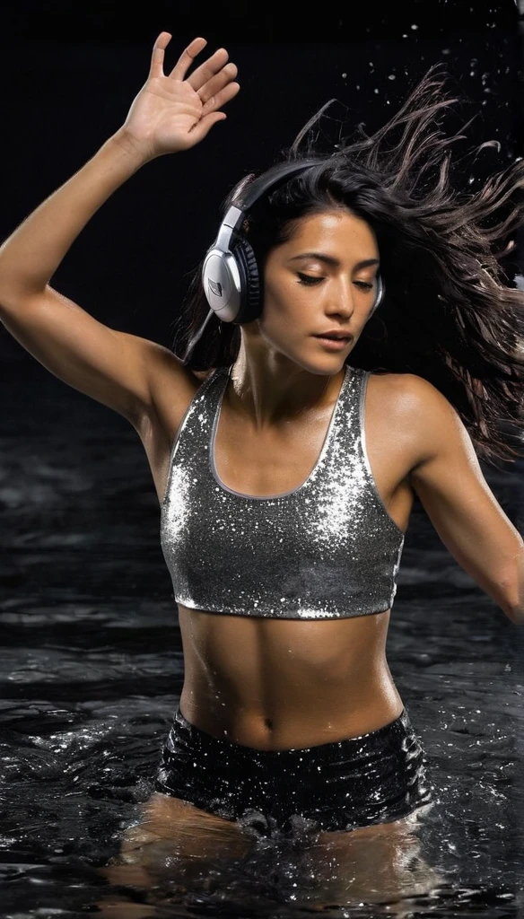 A beautiful woman with black flowing hair and a silver headphone, wearing silver glitter tank top and matching shorts, diving under pitch black water, so very dark you can only see her upper body parts, camera flash lighting, elegant pose, looking at the camera