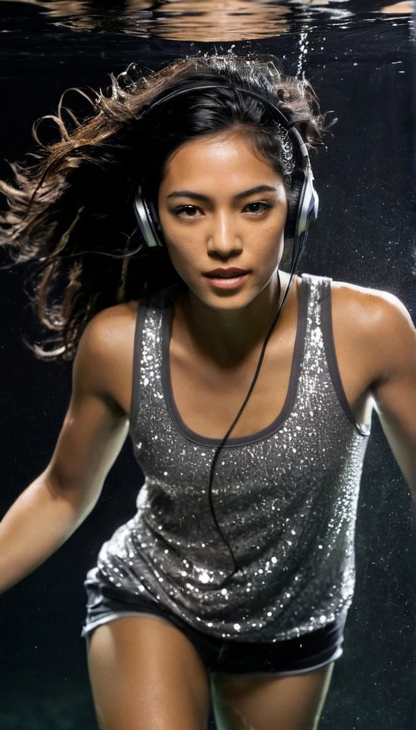 A beautiful woman with black flowing hair and a silver headphone, wearing silver glitter tank top and matching shorts, diving under pitch black water, so very dark you can only see her upper body parts, camera flash lighting, elegant pose, looking at the camera