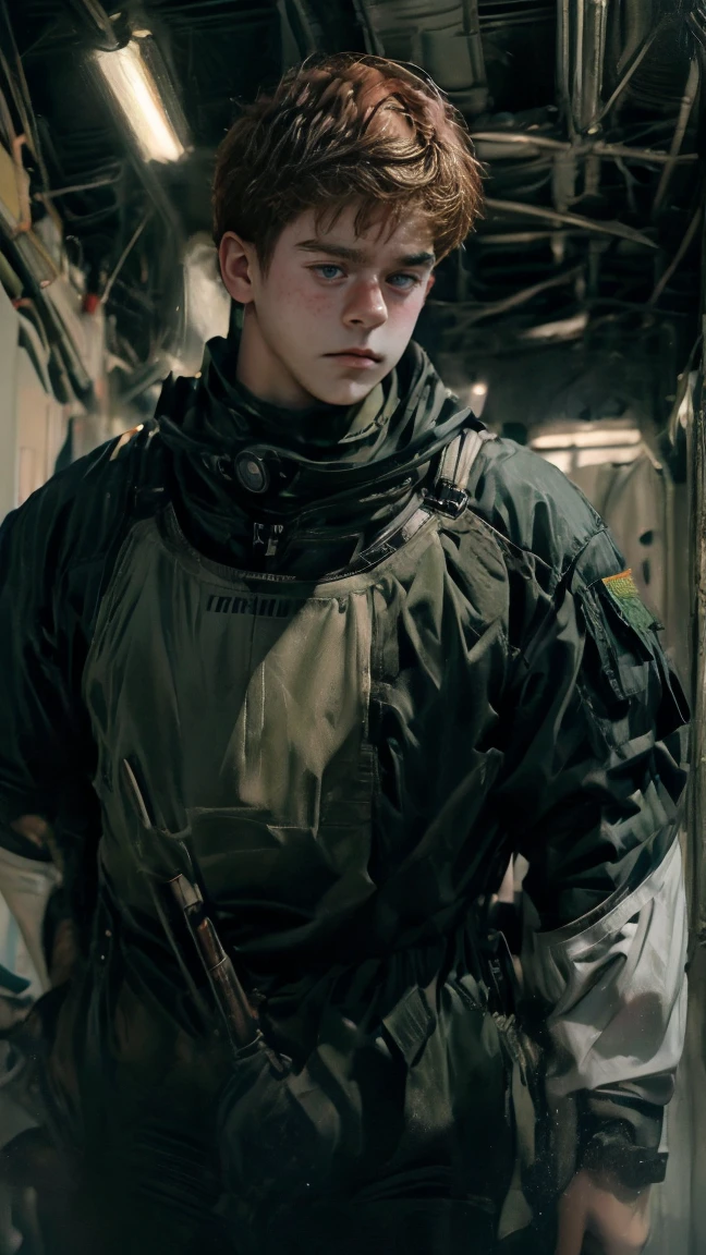 A male with short black hair that is cut very neatly, almost like a military cut. Fullbody Wearing an astronaut suit. His expression is stern and serious, with piercing green eyes that are always alert. A faint smile full of confidence often appears.