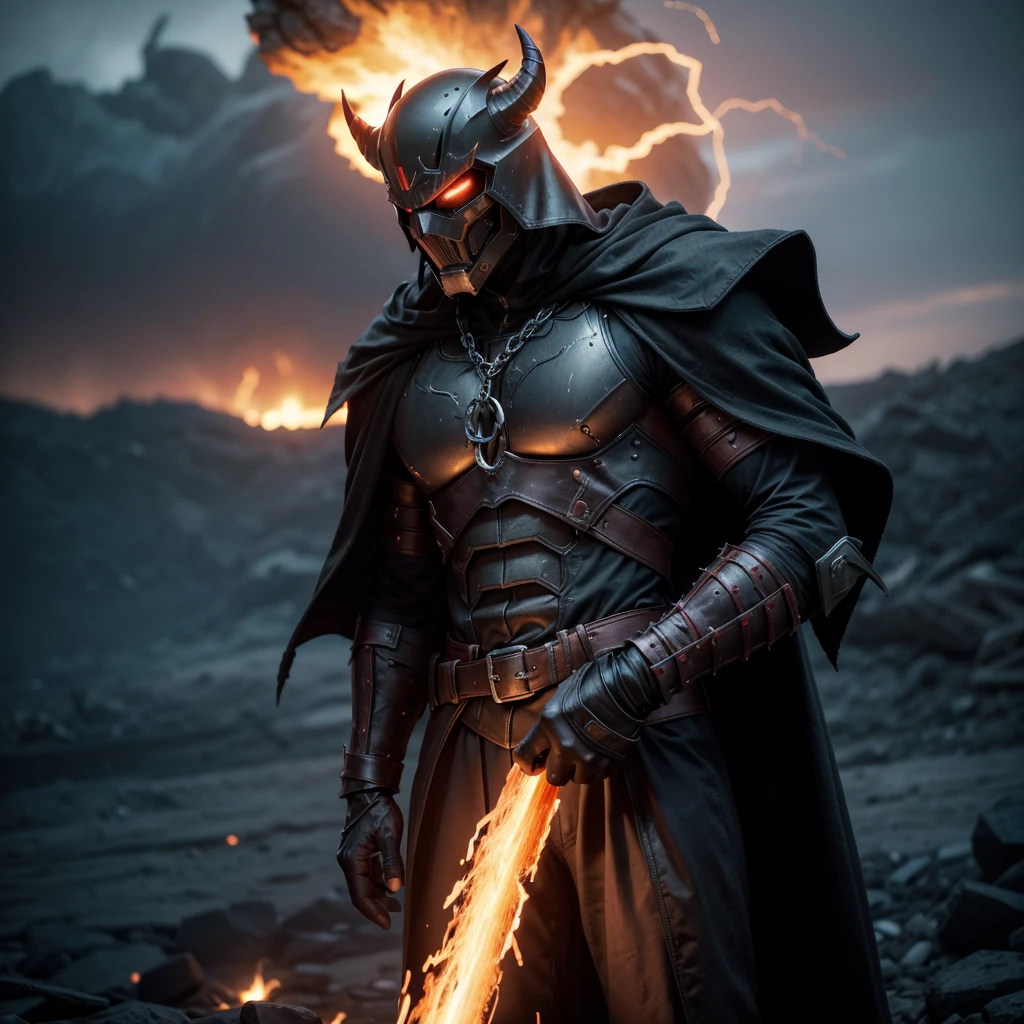 Character Description: Infernal SoldierAppearance:Figure: The Infernal Soldier stands tall and imposing, his silhouette defined against a hellish red sky.Armor: Clad in dark, twisted armor that seems to pulse with an inner fire. The metal is scorched and pitted, with glowing runes etched along its surface.Cape: A tattered, black cape billows in the fiery winds, moving almost as if alive.Face: His face is obscured by a demonic helm, with piercing red eyes glowing from within the darkness.Chains: Heavy chains, glowing with infernal heat, wrap around his torso and arms. They clink and rattle ominously, suggesting a power barely contained.Setting:Cross: The Infernal Soldier is perched atop a massive, ancient cross. The cross itself is charred and cracked, its surface marred by centuries of torment.Environment: The air is thick with smoke and ash, swirling around the soldier and the cross. The ground below is a wasteland of jagged rocks and glowing fissures, emanating an eerie red light.Dynamic Elements:Cape: The cape moves violently in the wind, as if it has a life of its own, occasionally revealing glimpses of the soldier’s armored back.Chains: The chains writhe and twist, clanging against the armor and the cross, creating a constant, menacing noise.Aura: A dark, fiery aura surrounds the soldier, casting an ominous glow and making the air around him shimmer with heat.Pose:Stance: The Infernal Soldier stands confidently atop the cross, one foot planted firmly on the horizontal beam, the other resting on the vertical.Hands: His hands grip the chains, ready to lash out at any moment, adding to his threatening presence.Imagery and Vibe:The scene exudes a sense of dread and power, with the Infernal Soldier appearing as both guardian and executioner, poised to unleash his wrath upon any who dare approach. The interplay of light and shadow, the movement of the cape and chains, and the hellish environment combine to create a vivid, dynamic image of a fearsome warrior from the