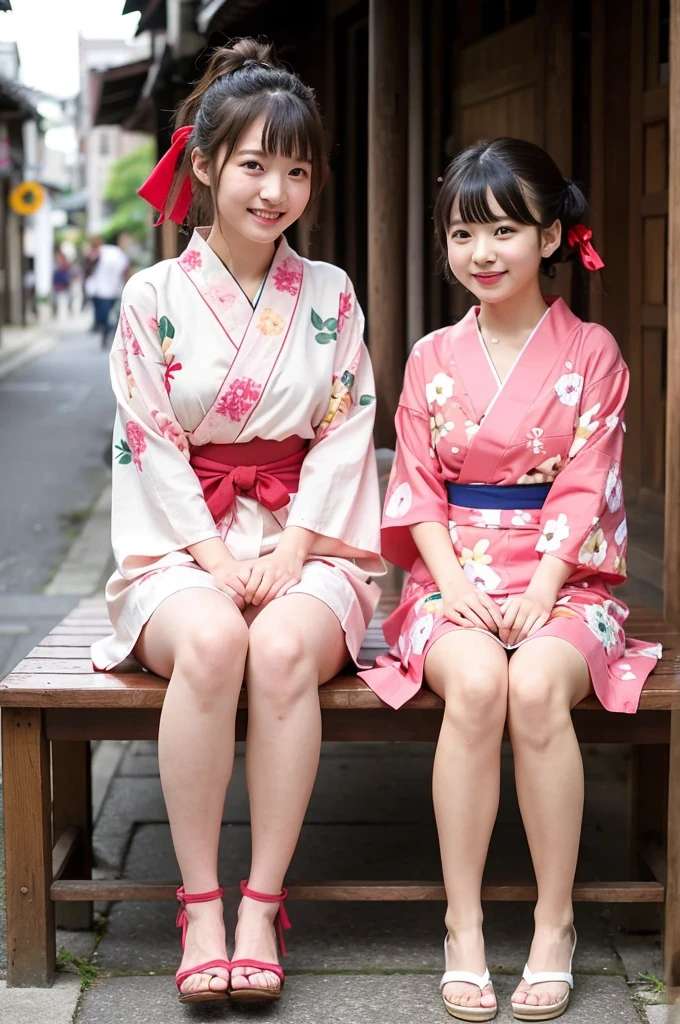 2 girls on wooden bench in old-Japanese street,floral pink yukata with red obi,18-year-old,bangs,a little smile,thighs,knees,short hair and low pigtails with red ribbon bow,from before,front light