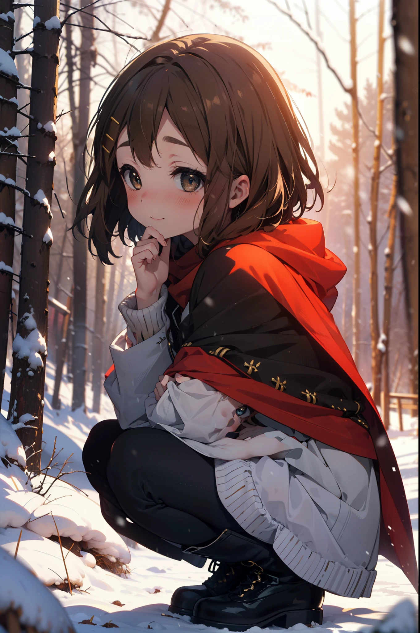yuihirasawa, Yui Hirasawa, short hair, Brown Hair, hair ornaments, (Brown eyes:1.5), Hair Clip、smile,smile,blush,White Breath,
Open your mouth,snow,Ground bonfire,, Outdoor, boots, snowing, From the side, wood, suitcase, Cape, Blurred, , forest, White handbag, nature, Squat, Mouth closed, Cape, winter, Written boundary depth, Black shoes, red Cape break looking at viewer, Upper Body, whole body, break Outdoor, forest, nature, break (masterpiece:1.2), Highest quality, High resolution, unity 8k wallpaper, (shape:0.8), (Beautiful and beautiful eyes:1.6), Highly detailed face, Perfect lighting, Extremely detailed CG, (Perfect hands, Perfect Anatomy),