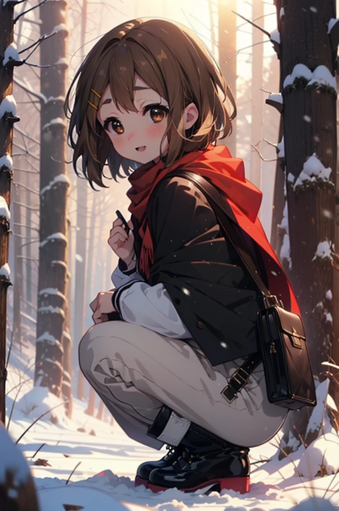 yuihirasawa, Yui Hirasawa, short hair, Brown Hair, hair ornaments, (Brown eyes:1.5), Hair Clip、smile,smile,blush,White Breath,
Open your mouth,snow,Ground bonfire,, Outdoor, boots, snowing, From the side, wood, suitcase, Cape, Blurred, , forest, White handbag, nature, Squat, Mouth closed, Cape, winter, Written boundary depth, Black shoes, red Cape break looking at viewer, Upper Body, whole body, break Outdoor, forest, nature, break (masterpiece:1.2), Highest quality, High resolution, unity 8k wallpaper, (shape:0.8), (Beautiful and beautiful eyes:1.6), Highly detailed face, Perfect lighting, Extremely detailed CG, (Perfect hands, Perfect Anatomy),