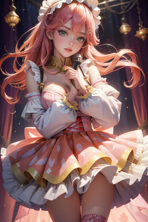 1girl, long hair, pink hair, long flowing hair, floating hair, ornament hair, perfectly body, perfectly hands, rose on hair, Looking at the audience, flowing hair, Beautiful Eyes, Plump and glossy lips, Idol, dress with too many frills, pink dress, pink laces, white Short skirt, , small skirt, skirt with layers, Drape clothes, orange gem, Lace trim, bright stage, luxury gold details, gold jewelry, more details, best quality, Big sparkling eyes, blushing, Striped Lace Stockings, pink skirt, sparkle, solo, centered girl, cowboy shot, perfectly body, perfectly hands, two arms, two legs, two hands, five fingers, perfect anatomy, glowing hair, pink roses, on the stage, sparkles, more details on her clothes, dress with transparency, golden details on her dress, night, holding a microphone, ((4k, masterpiece, top-quality)), 8k, best quality, high resolution, UHD, (illustration:0.8), super cute girl, delicate and beautiful face, mature super cute hairstyle, (beautiful detailed eyes:1.6), extremely detailed face, perfect lighting, extremely detailed CG, (perfect hands, perfect anatomy), Best quality, cleavage