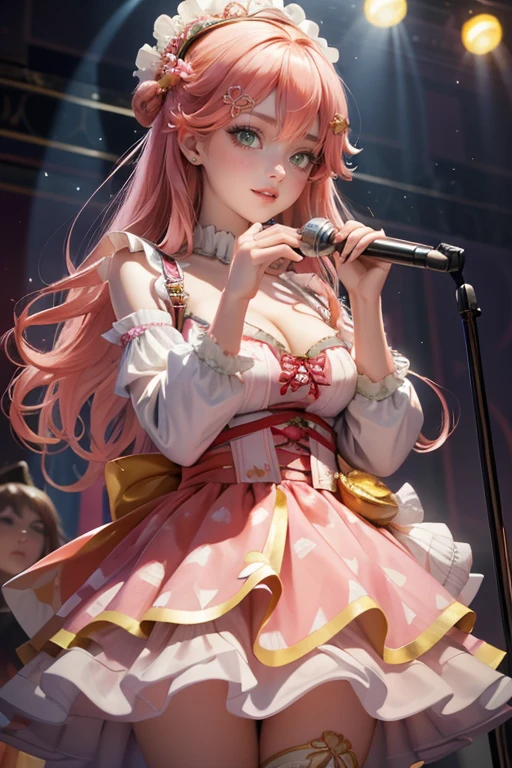 1girl, long hair, pink hair, long flowing hair, floating hair, ornament hair, perfectly body, perfectly hands, rose on hair, Looking at the audience, flowing hair, Beautiful Eyes, Plump and glossy lips, Idol, dress with too many frills, pink dress, pink laces, white Short skirt, , small skirt, skirt with layers, Drape clothes, orange gem, Lace trim, bright stage, luxury gold details, gold jewelry, more details, best quality, Big sparkling eyes, blushing, Striped Lace Stockings, pink Lolita skirt, sparkle, solo, centered girl, cowboy shot, perfectly body, perfectly hands, two arms, two legs, two hands, five fingers, perfect anatomy, glowing hair, pink roses, on the stage, sparkles, more details on her clothes, dress with transparency, golden details on her dress, night, holding a microphone, ((4k, masterpiece, top-quality)), 8k, best quality, high resolution, UHD, (illustration:0.8), super cute girl, delicate and beautiful face, mature girl, super cute hairstyle, (beautiful detailed eyes:1.6), extremely detailed face, perfect lighting, extremely detailed CG, (perfect hands, perfect anatomy), Best quality, cleavage