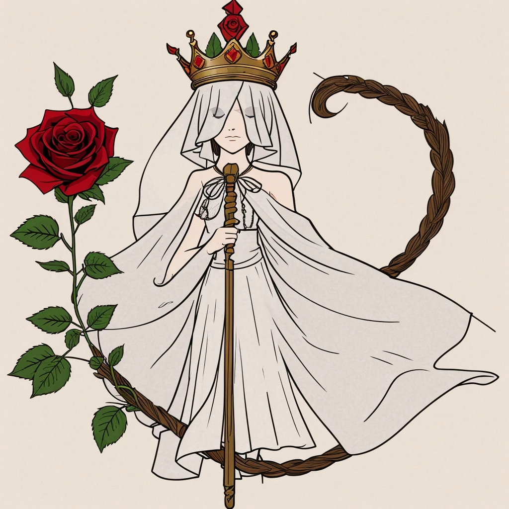 flat color,LOR Artstyle, veil, solo, flower, white background, simple background, holding, crown, staff, blood, rose, no humans, holding staff, weapon, red flower, blood, bloodstain