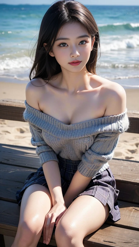 (8Khigh resolution), (best quality), (RAW image quality),(On the table:1.2), (Practical), (Practical:1.37), Oval face,White-eye,Long eyelashes,Double eyelids,（Live-action Practical style）,Ultimate Face,Practical light and shadow,Clear facial features,Milky white skin,White skin, High Detail Skin,Practical skin details,Visible pores,（Very detailed）,Random hair length, （Flowing hair）,Take the best portraits,,Very detailedな, 1- Girl, Lovely,Beautiful and delicate eyes, Beautifully detailed nose, Very delicate skin,whole body ,(eye contact),(Large Breasts、Full breasts)、(Double eyelidsの美しい顔),((whole body画像)), (realism: 1.4),high resolution, Excellent details, ultra high resolution, (Show your most beautiful smile to the audience),,Beautiful face,,20 years old,(Beautiful Face 1.4),slim, (Long hand-knit off-shoulder top:1.2)、(Plaid pleated skirt:1.2),Sea，seaside，Beach