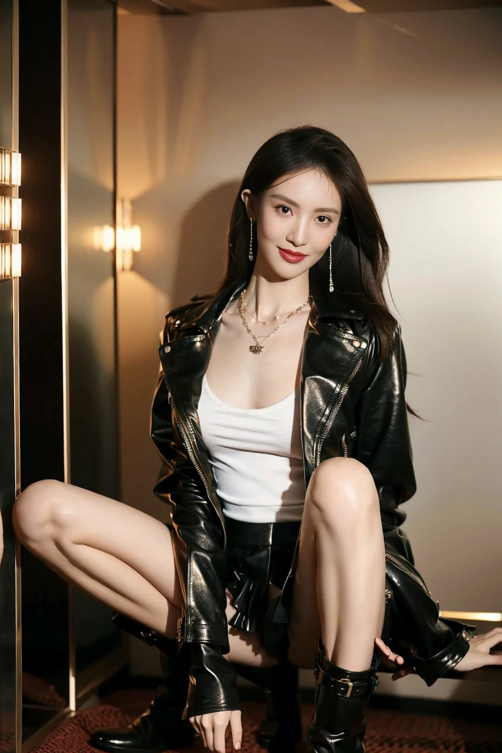 In the spacious bedroom, Model posing , Fair skin，Long hair, Goddess of beauty, Model figure, Visible throughout the body, , What a nice smile, ，beautiful,Leather coat,Leather Skirt, (Show off your beautiful legs) , (Boots:1.2)，necklace，earrings，lens Flare, F/1.8, 135 mm, Canon, UHD, Retina, masterpiece, precise, Anatomically correct, Textured Skin, Super Detail, High Detail, high quality, best quality, High resolution, 1080P, HD, 4K, 8K