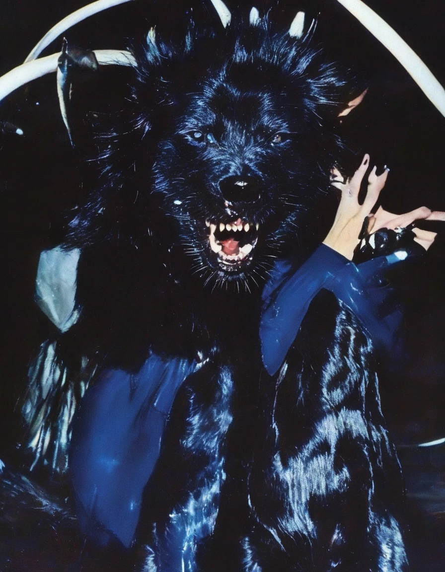 film photography, vintage, fashion shoot of beautiful 90s female horror monster with big fangs, blue dark background