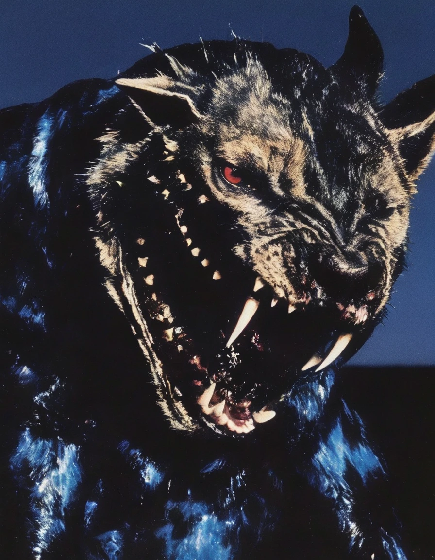 film photography, vintage, fashion shoot of beautiful 90s female horror monster with big fangs, blue dark background